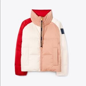 Tory Burch Red, White, and Tan Puffer Jacket